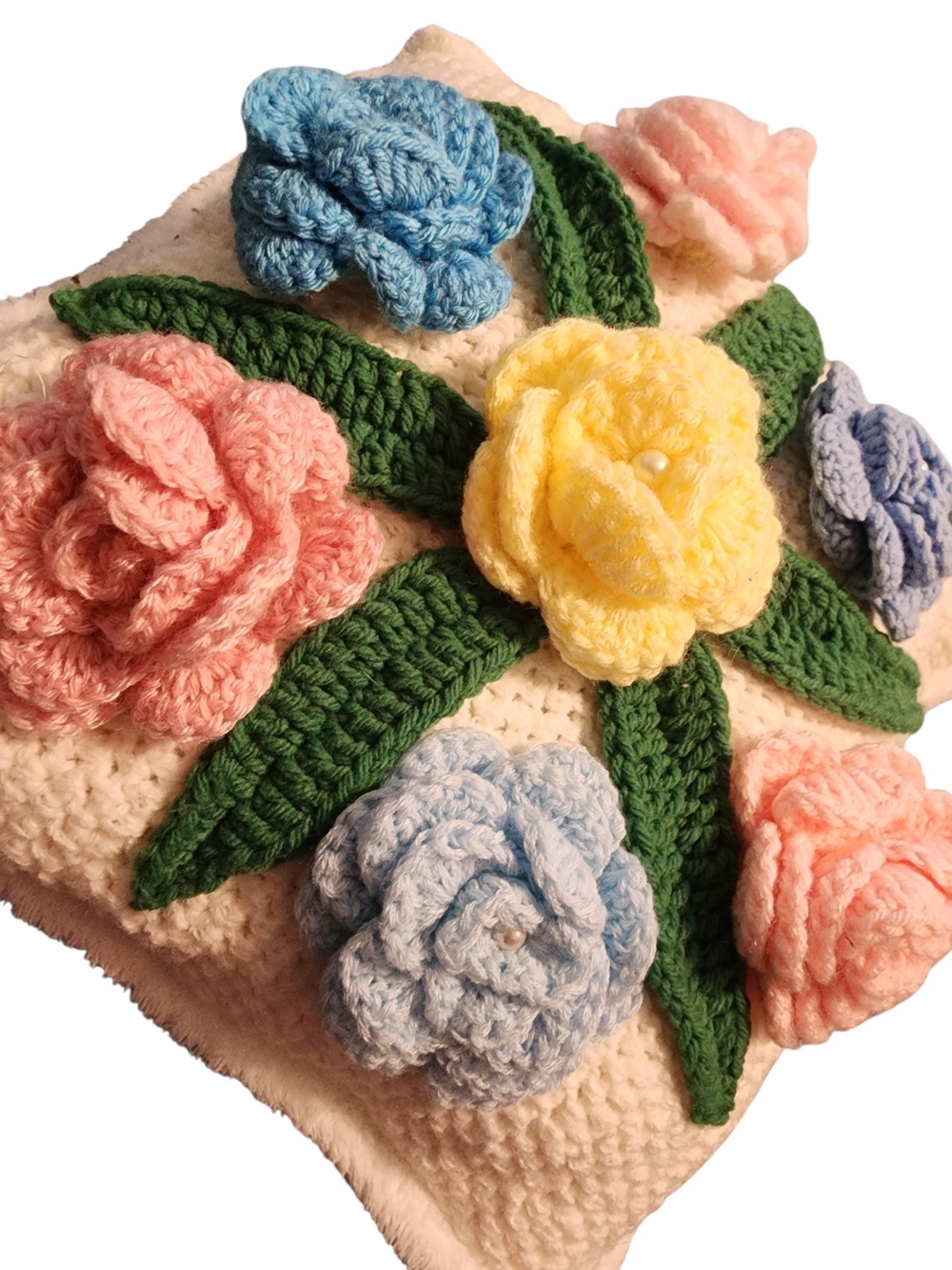 Crocheted Floral Pillow with Pastel Roses